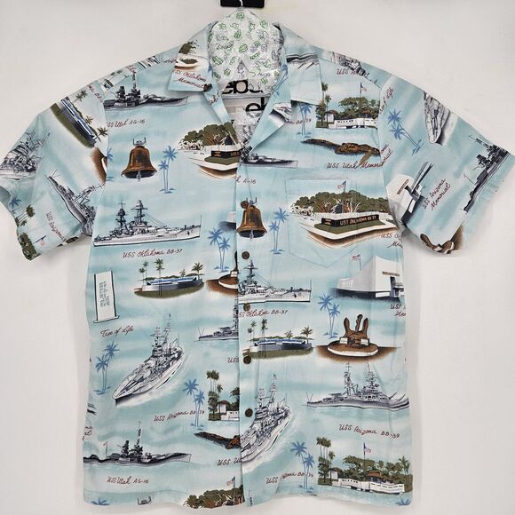Vintage Kalaheo Shirt Mens Large Hawaiian Button Up USS‎ Oklahoma Ship USA - Picture 1 of 10